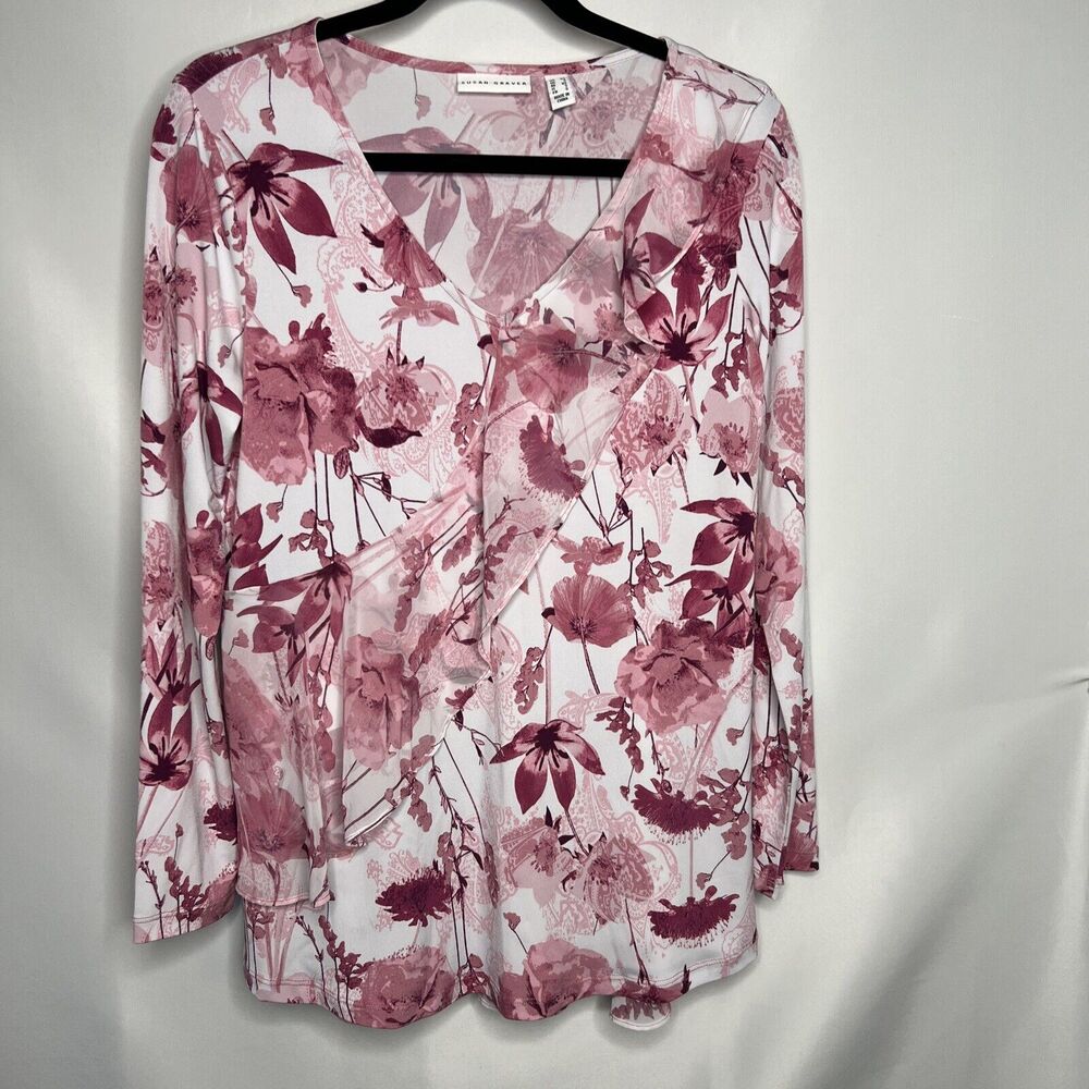 Susan Graver Top Women XS Pink Floral Liquid Knit Ruffle V Neck Chiffon